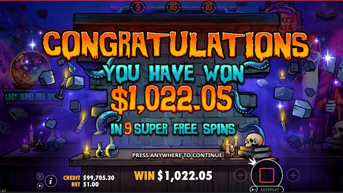 Mr Null’s Wicked Wares slot game interface featuring the mysterious merchant