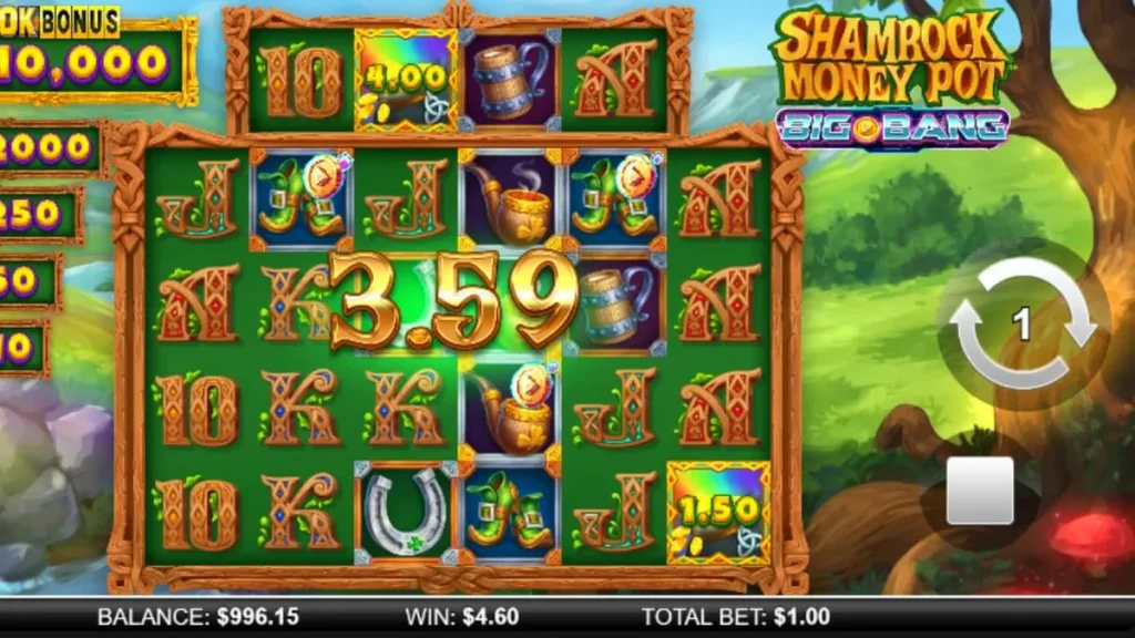 Shamrock Money Pot Big Bang স্লট গেমের স্ক্রিনশট, আইরিশ থিমের রিল এবং বোনাস ফিচার দেখাচ্ছে।